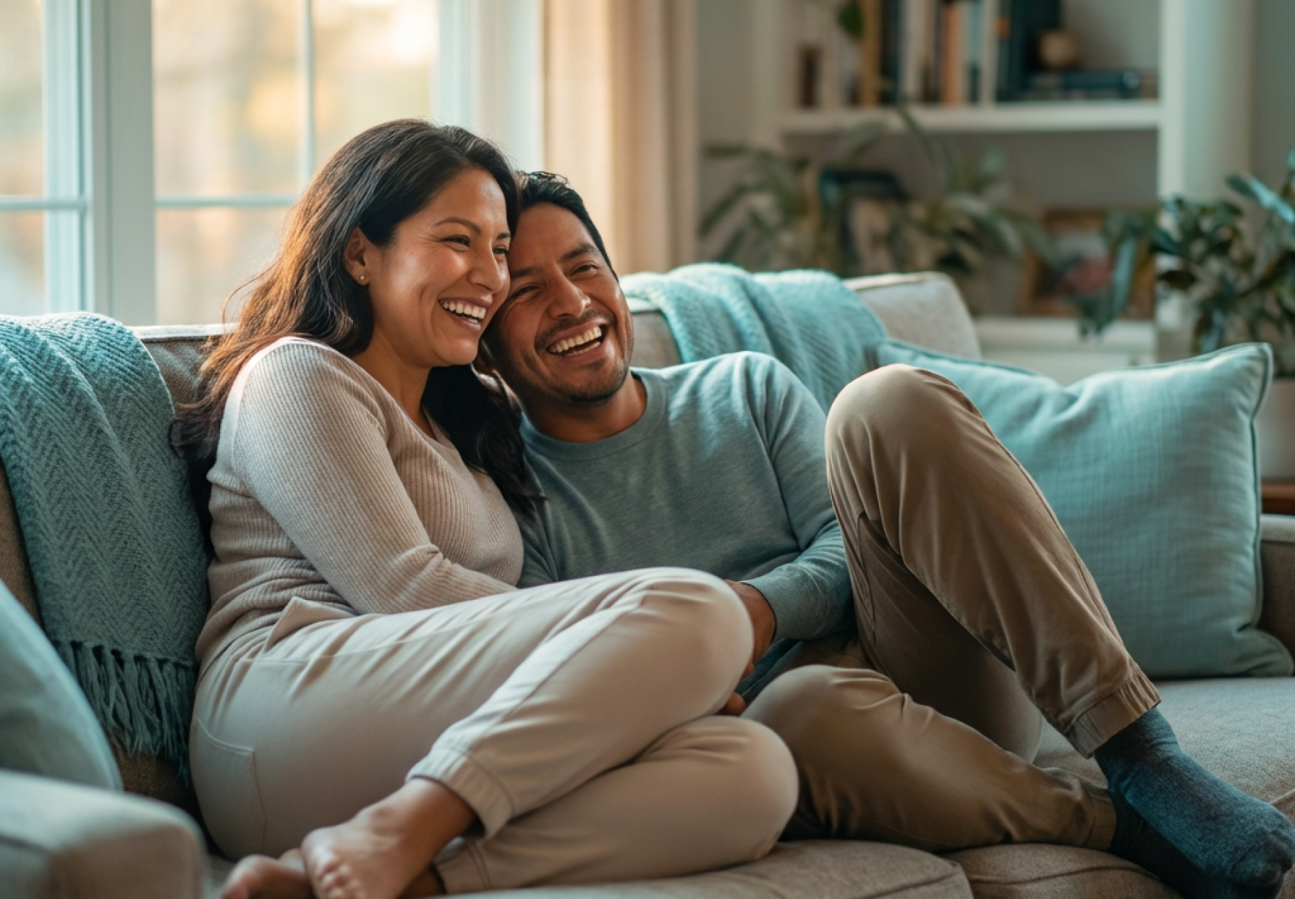 Pareja feliz abrazándose en la sala aliviada por tener su hogar protegido con un seguro de hogar